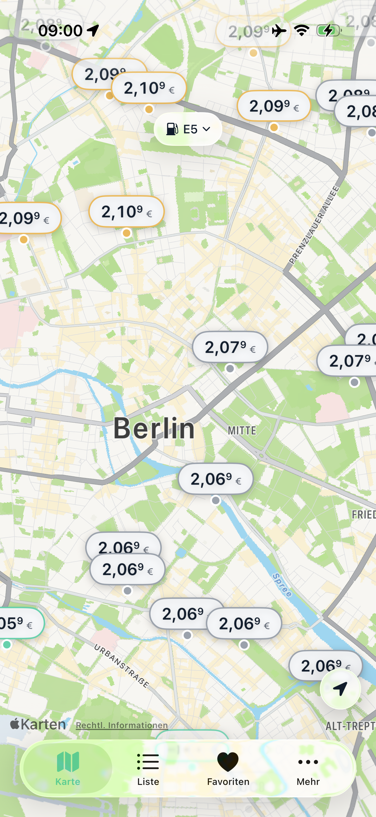 TankPuls iOS App — Kartenansicht mit Tankstellen-Preisen in Berlin